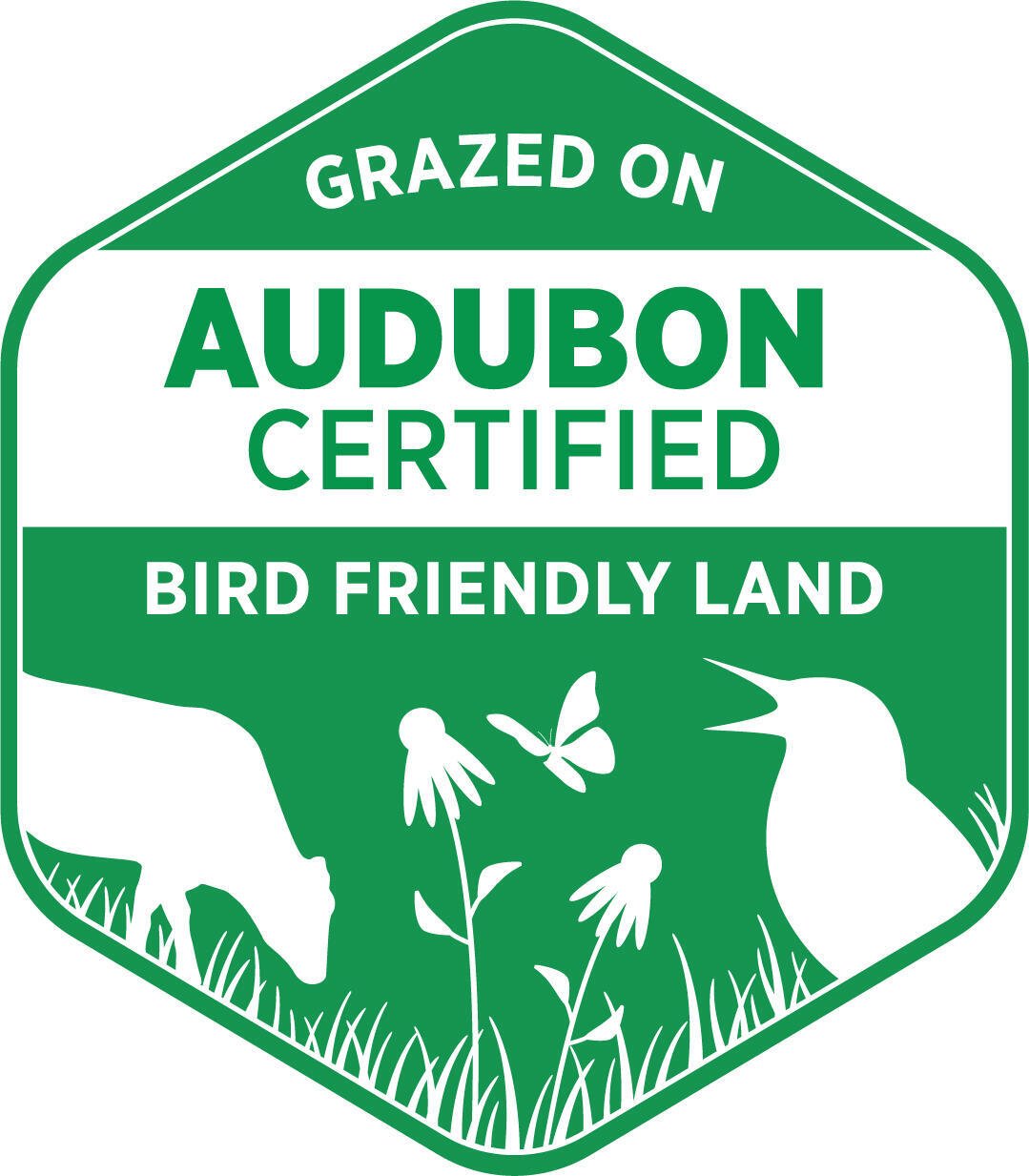 Audubon certified logo indicating land that is grazed on bird-friendly areas, featuring silhouettes of a cow, flowers, a butterfly, and a bird, promoting sustainable agricultural practices.
